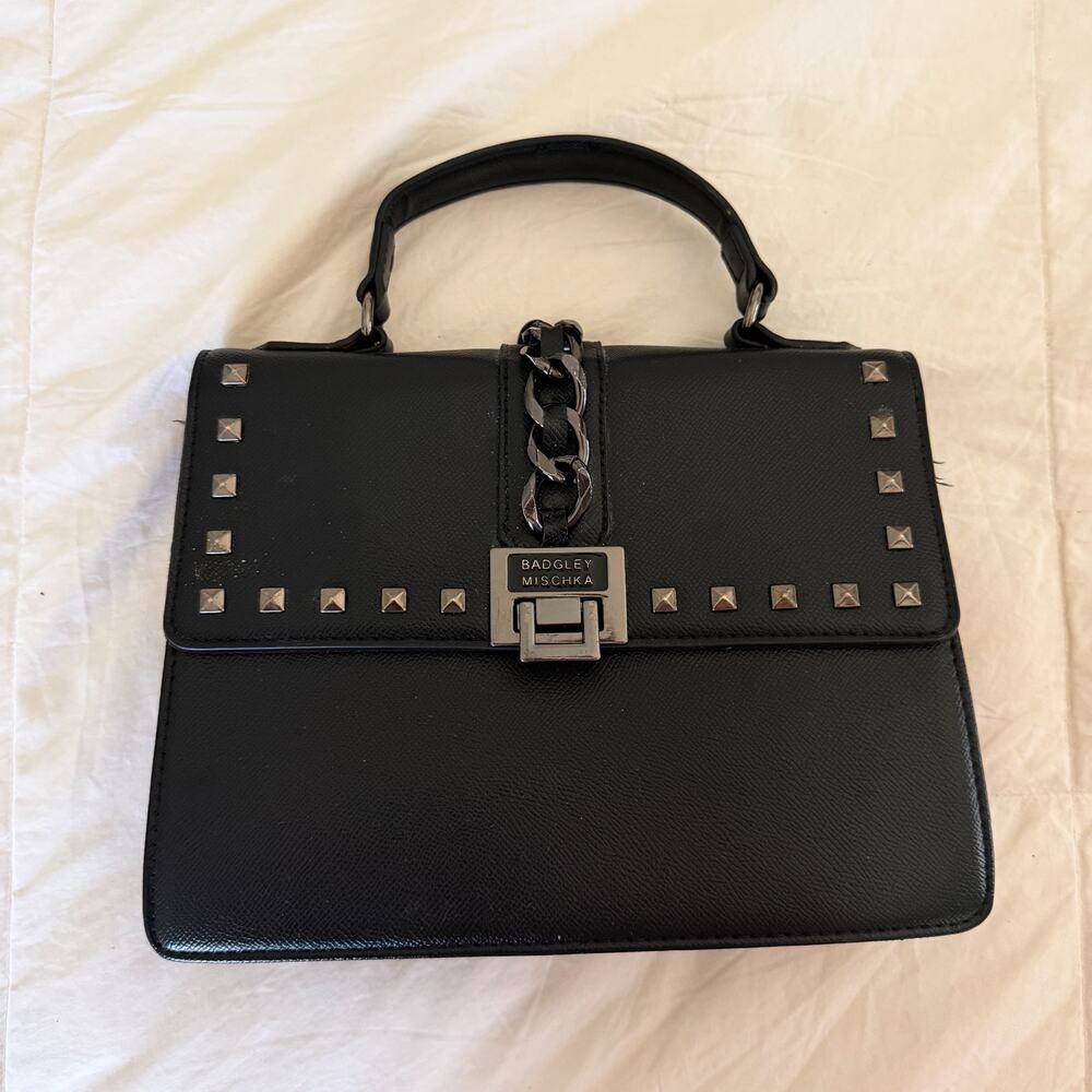 Badgley Mischka Black Studded Top Handle Satchel Chain Detail Bag
